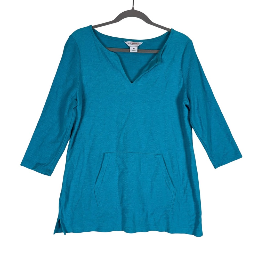 Liz Claiborne Shirt Womens Medium Blue V Neck 3/4 Sleeve Pocket Tunic Top